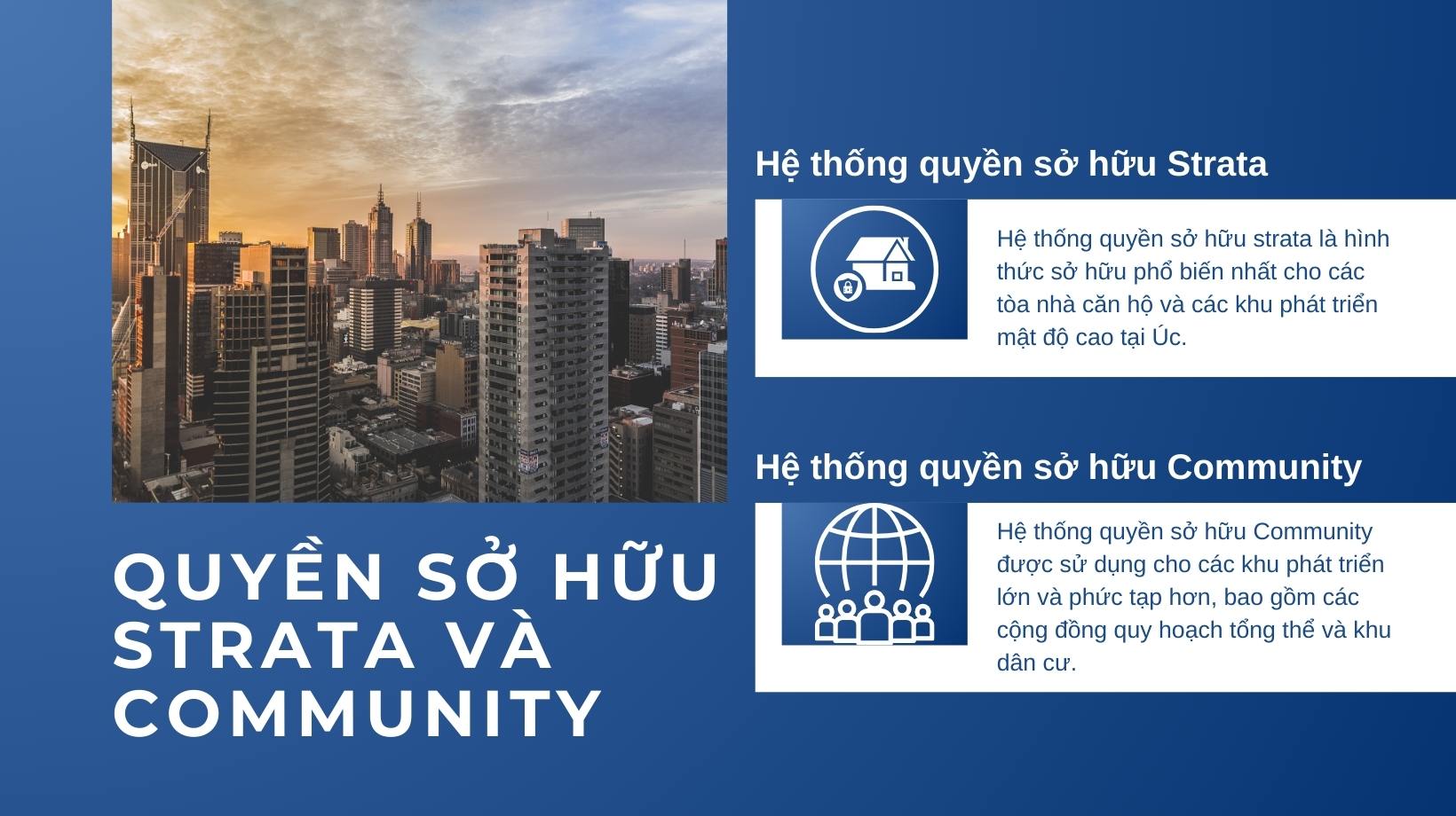 Tại Úc, quyền sở hữu Strata và Community là các khung pháp lý quản lý quyền sở hữu và vận hành các dự án phát triển đa đơn vị