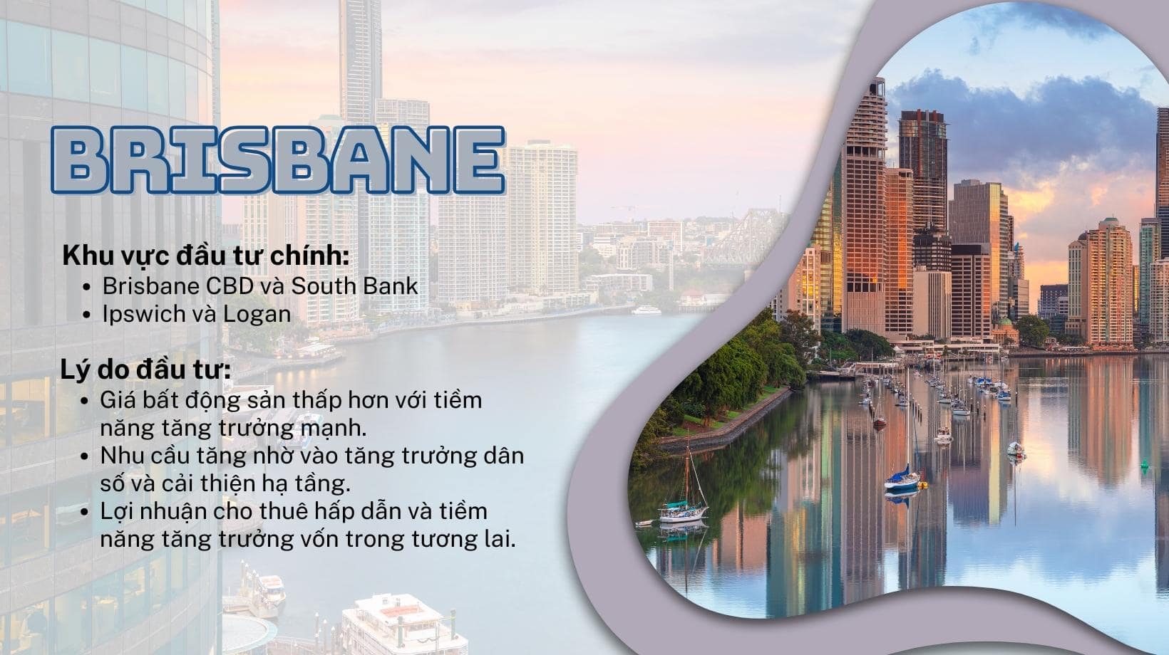 Brisbane, thủ phủ của Queensland, đang nổi lên như một điểm nóng phát triển bất động sản. Giá bất động sản phải chăng so với Sydney và Melbourne, cùng với khí hậu dễ chịu, thu hút cả nhà đầu tư và cư dân.